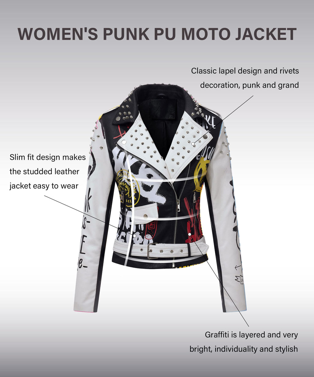 RISISSIDA Studded Leather Jacket Women Moto Motorcycle Faux Leather Short Coat Black-white 0477 S