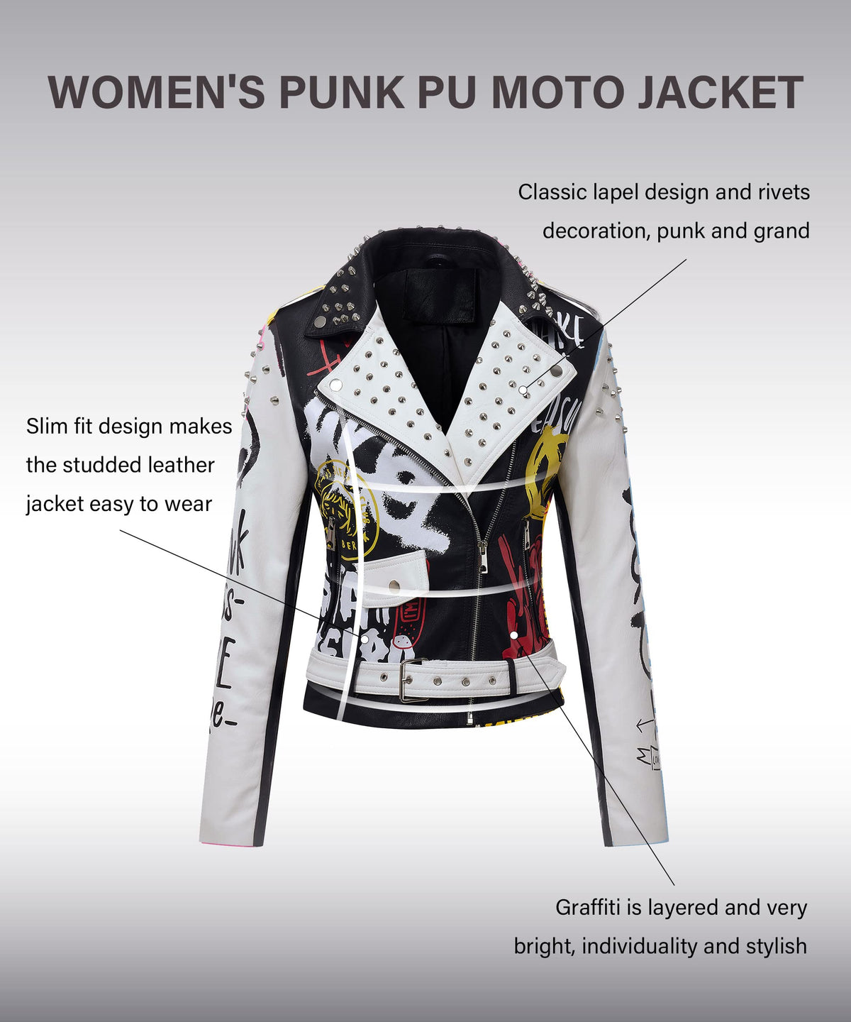 RISISSIDA Studded Leather Jacket Women Moto Motorcycle Faux Leather Short Coat Black-white 0477 S