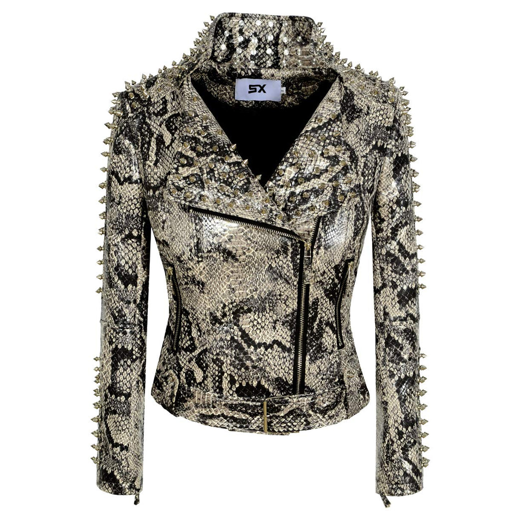SX Women Punk Faux Leather PU Black Jacket Studded Rivet Fashion Streetwear Motorcycle Coat (XL. SnakeSkinColor)