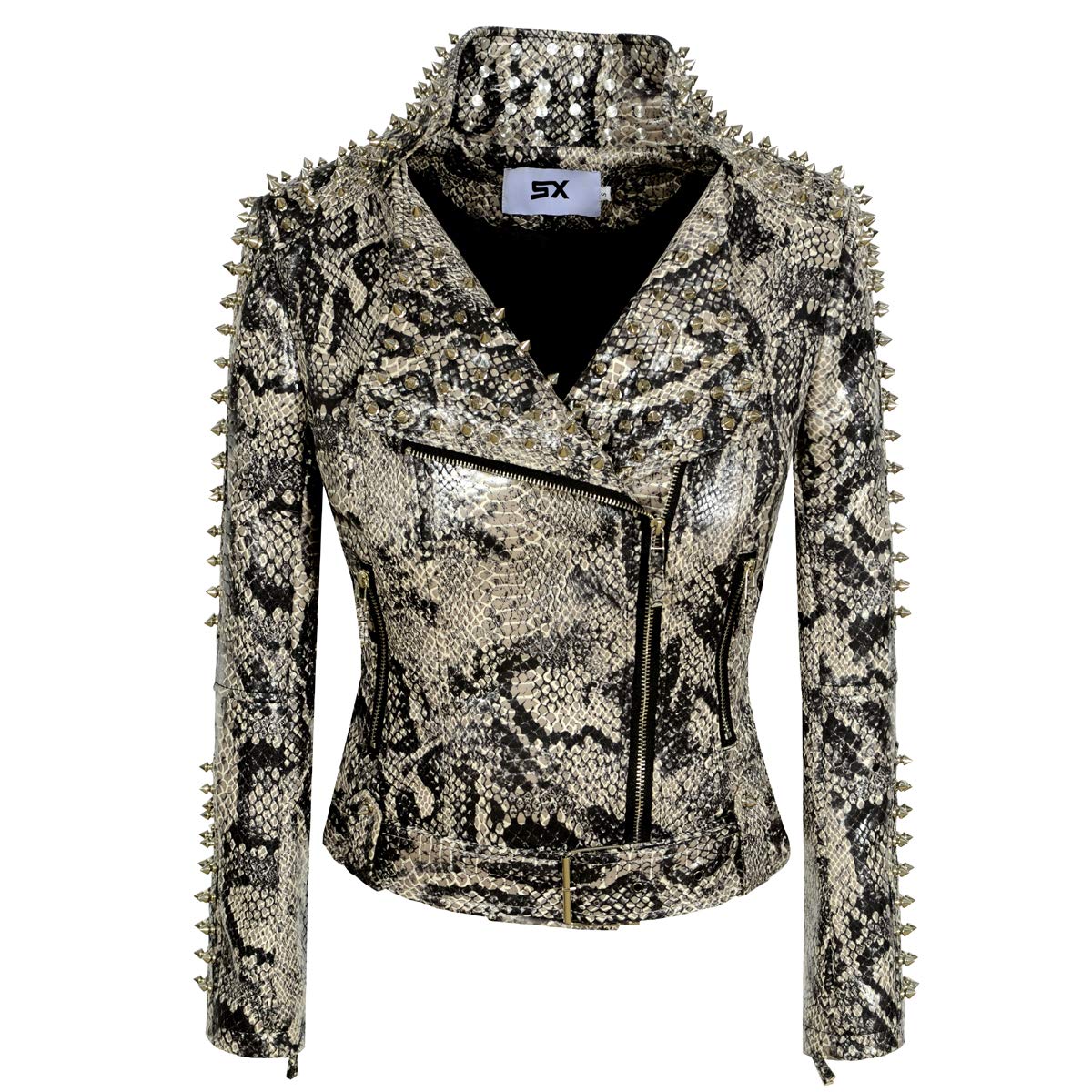 SX Women Punk Faux Leather PU Black Jacket Studded Rivet Fashion Streetwear Motorcycle Coat (XL. SnakeSkinColor)