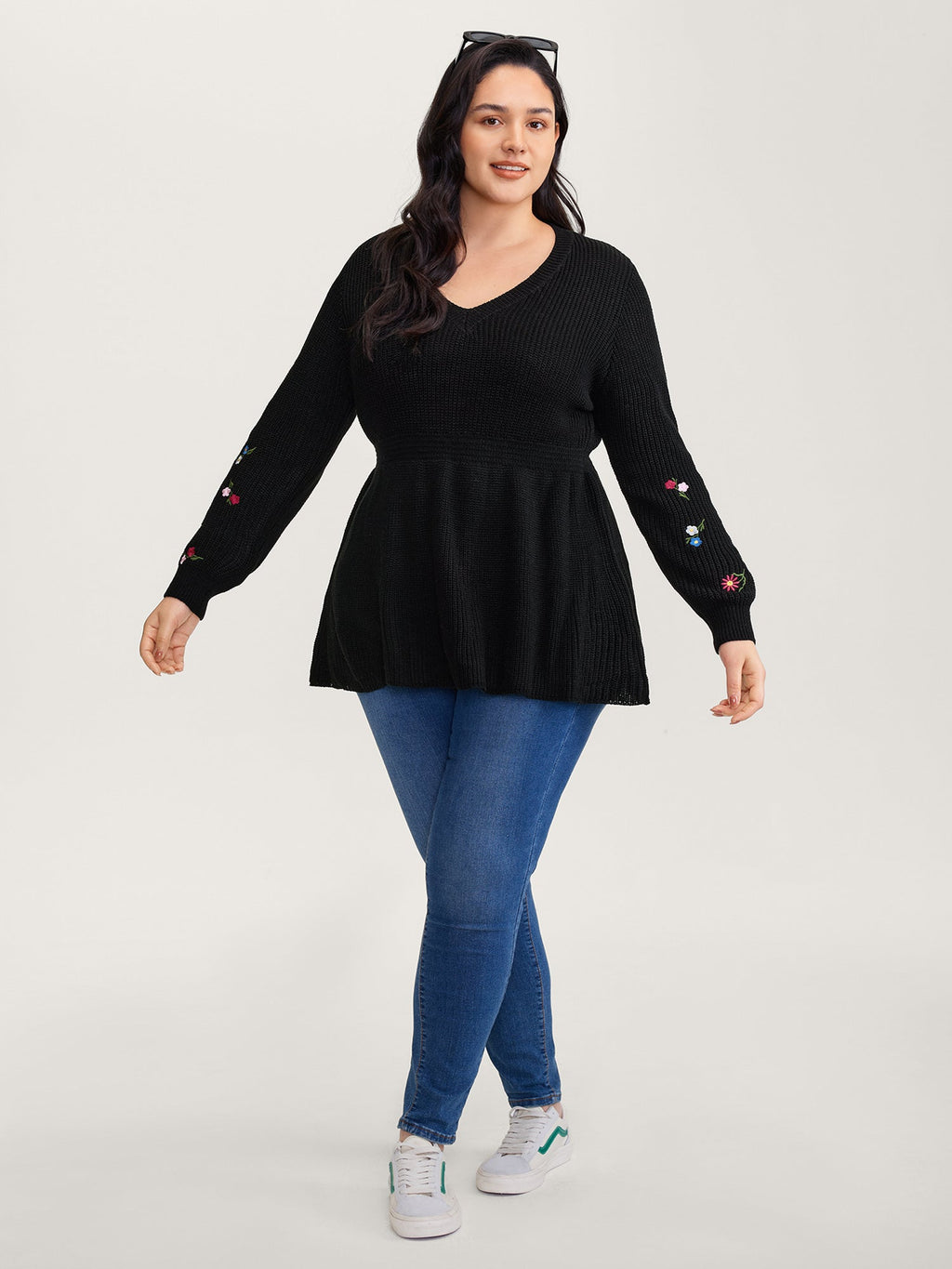 Embroidered Sleeve Stretchy Cinched-Waist Pullover