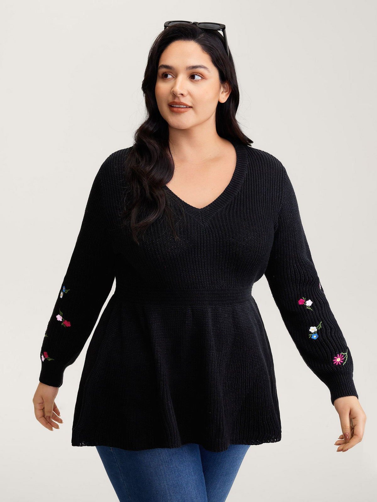 Embroidered Sleeve Stretchy Cinched-Waist Pullover