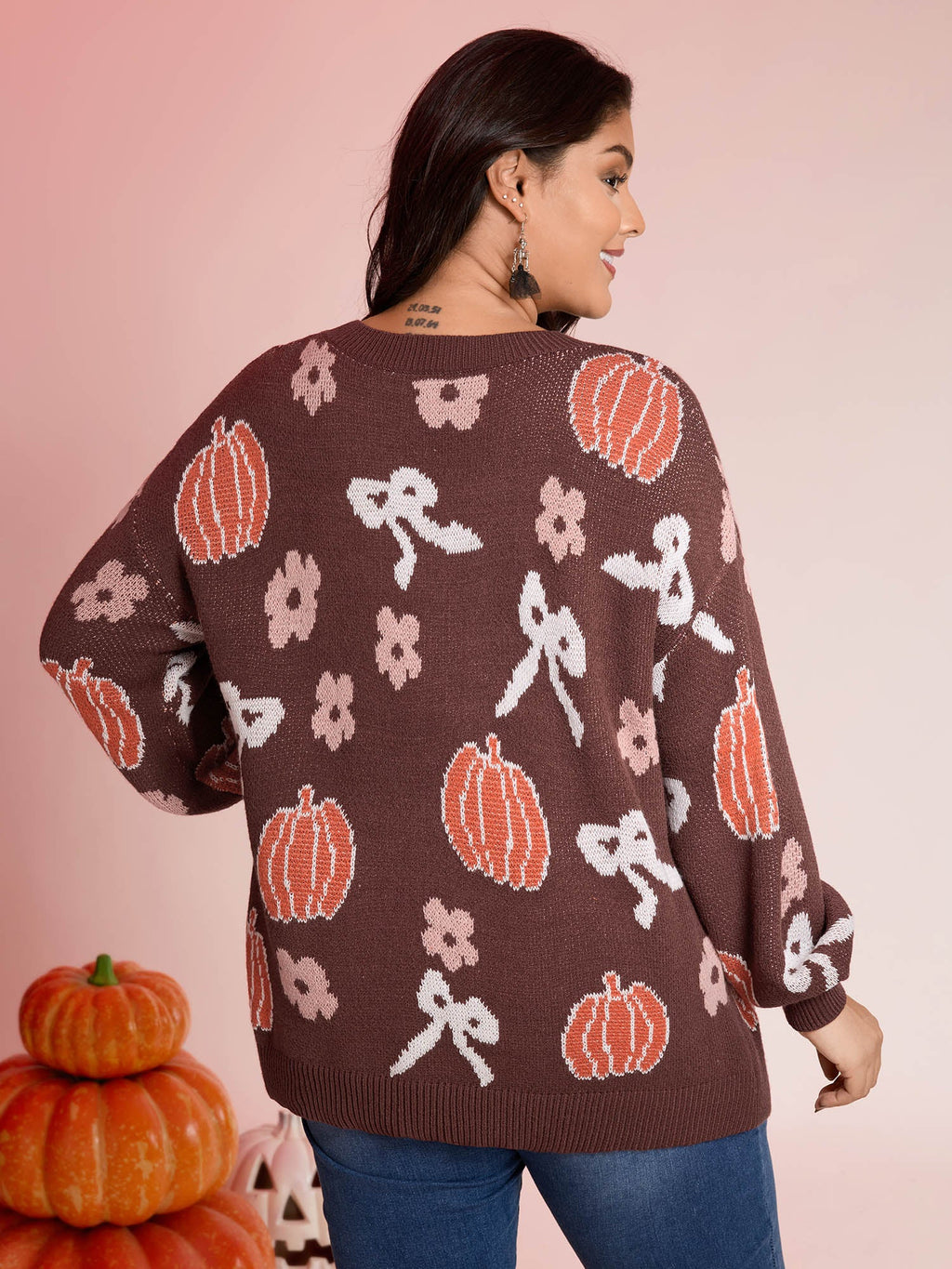 Pumpkin Print Ribbed Hem Pullover