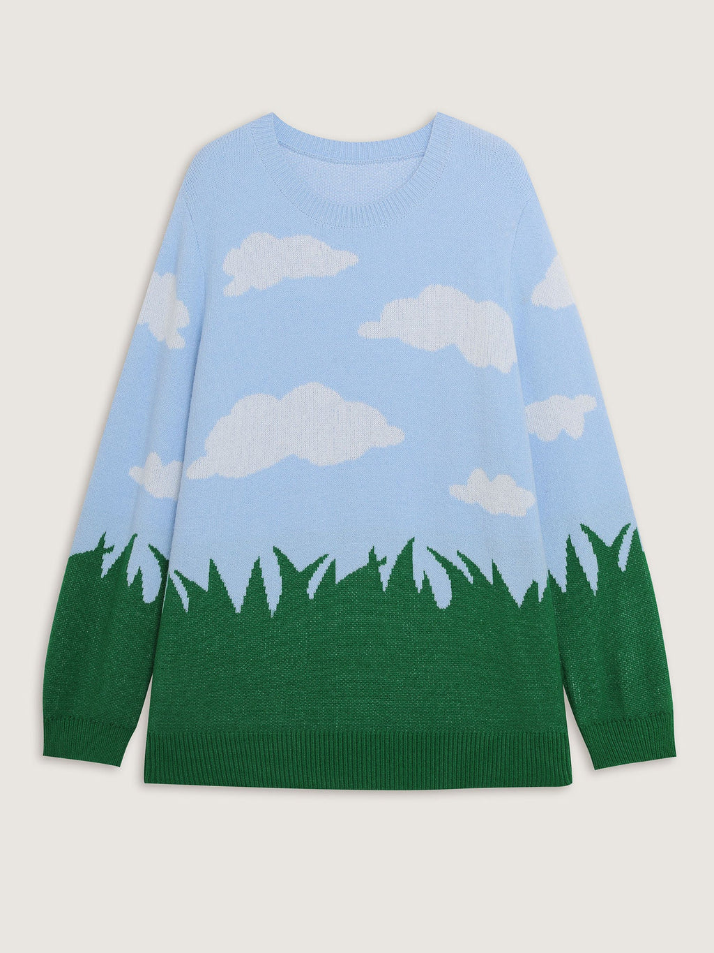 Cloudy Grass Print Jacquard Balloon Sleeve Pullover