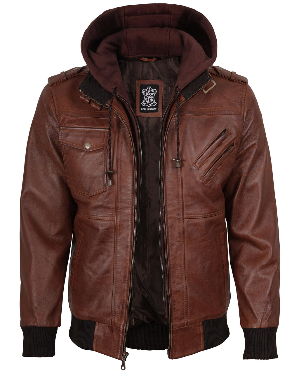 fjackets Real Leather Bomber Jacket Men - Motorcycle Stand Collar with a Removable Hood | [1100154] Edinburgh Brown. L
