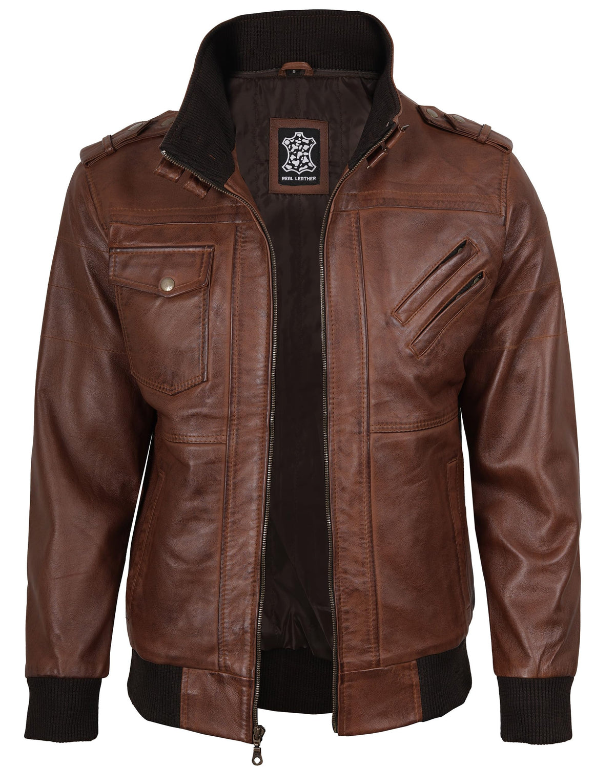 fjackets Real Leather Bomber Jacket Men - Motorcycle Stand Collar with a Removable Hood | [1100154] Edinburgh Brown. L
