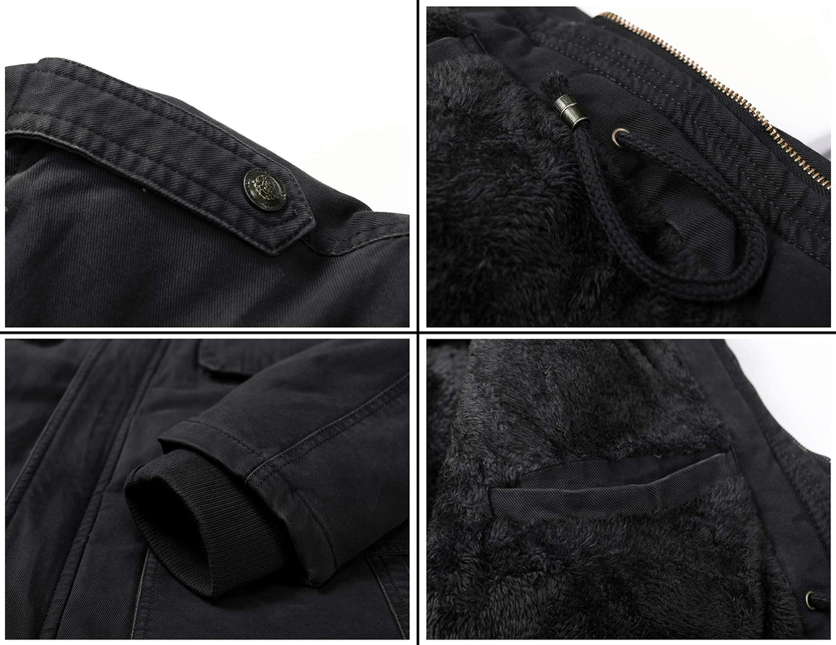 Men's Winter Thicken Coat Casual Military Parka Jacket with Removable Hood(Medium. Dark Black)