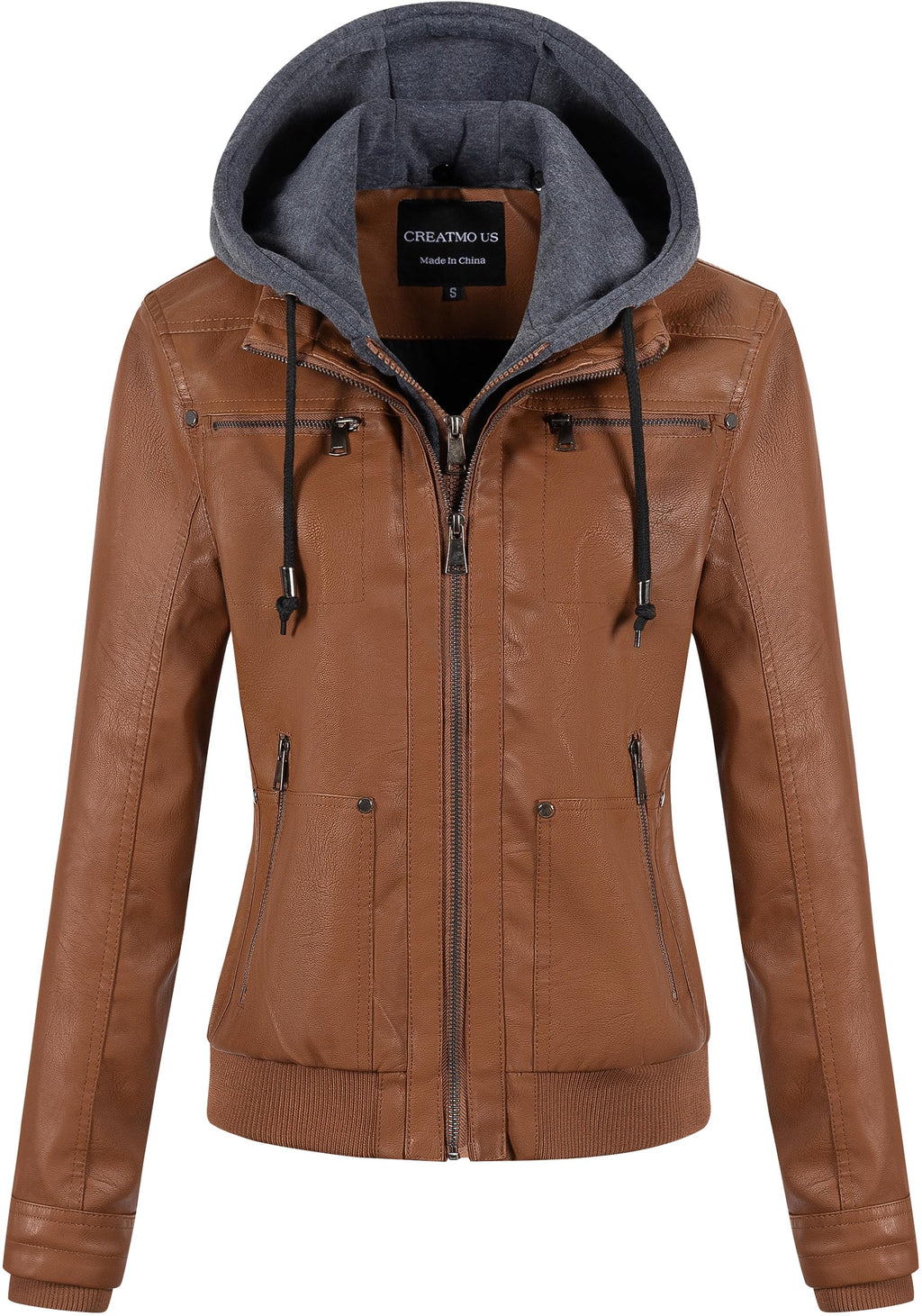 CREATMO US Faux Leather Jacket Women Womens Bomber Jackets Fashion Zip Up Lightweight Moto Biker Coat With Hood Brown 4XL