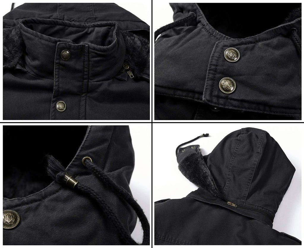 Men's Winter Thicken Coat Casual Military Parka Jacket with Removable Hood(Medium. Dark Black)