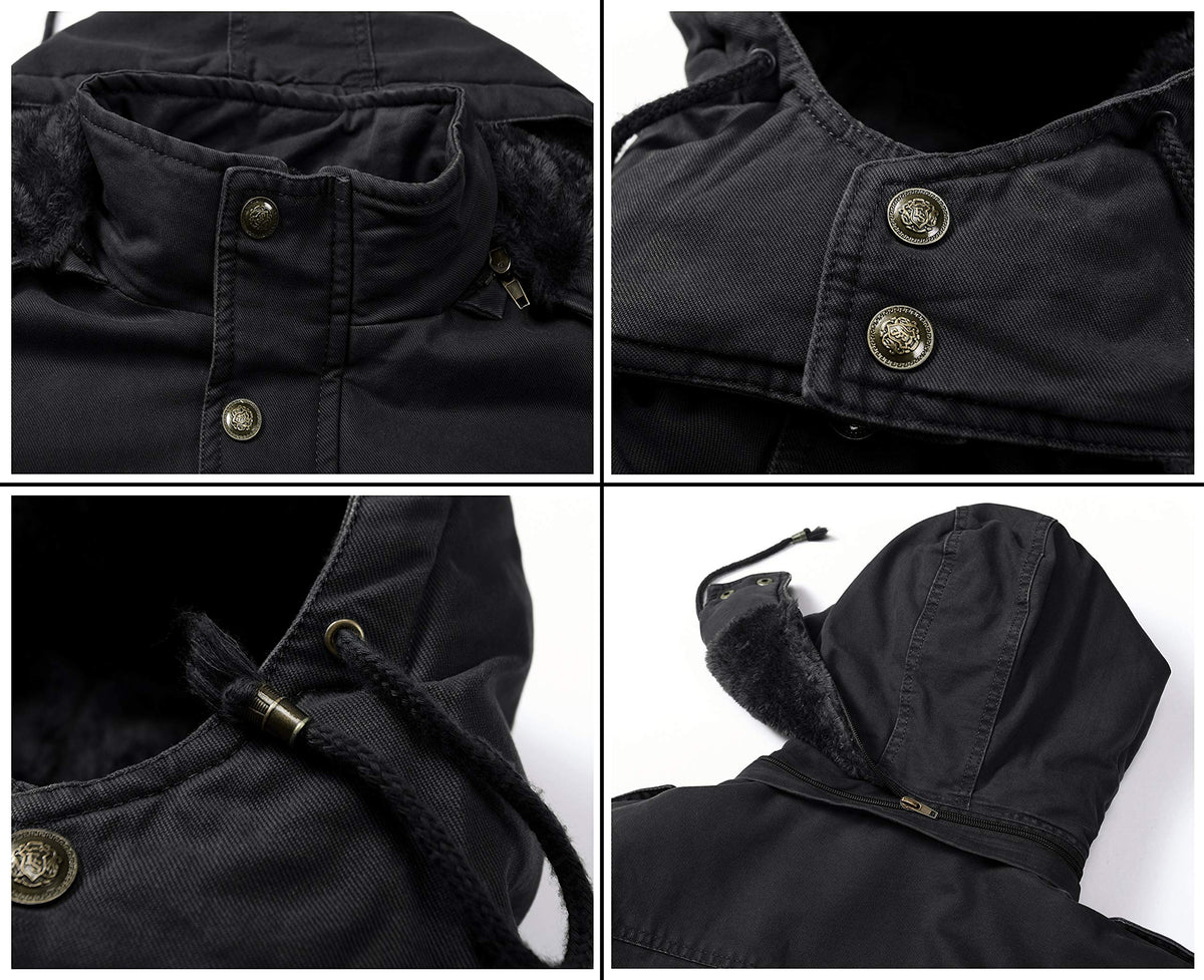Men's Winter Thicken Coat Casual Military Parka Jacket with Removable Hood(Medium. Dark Black)