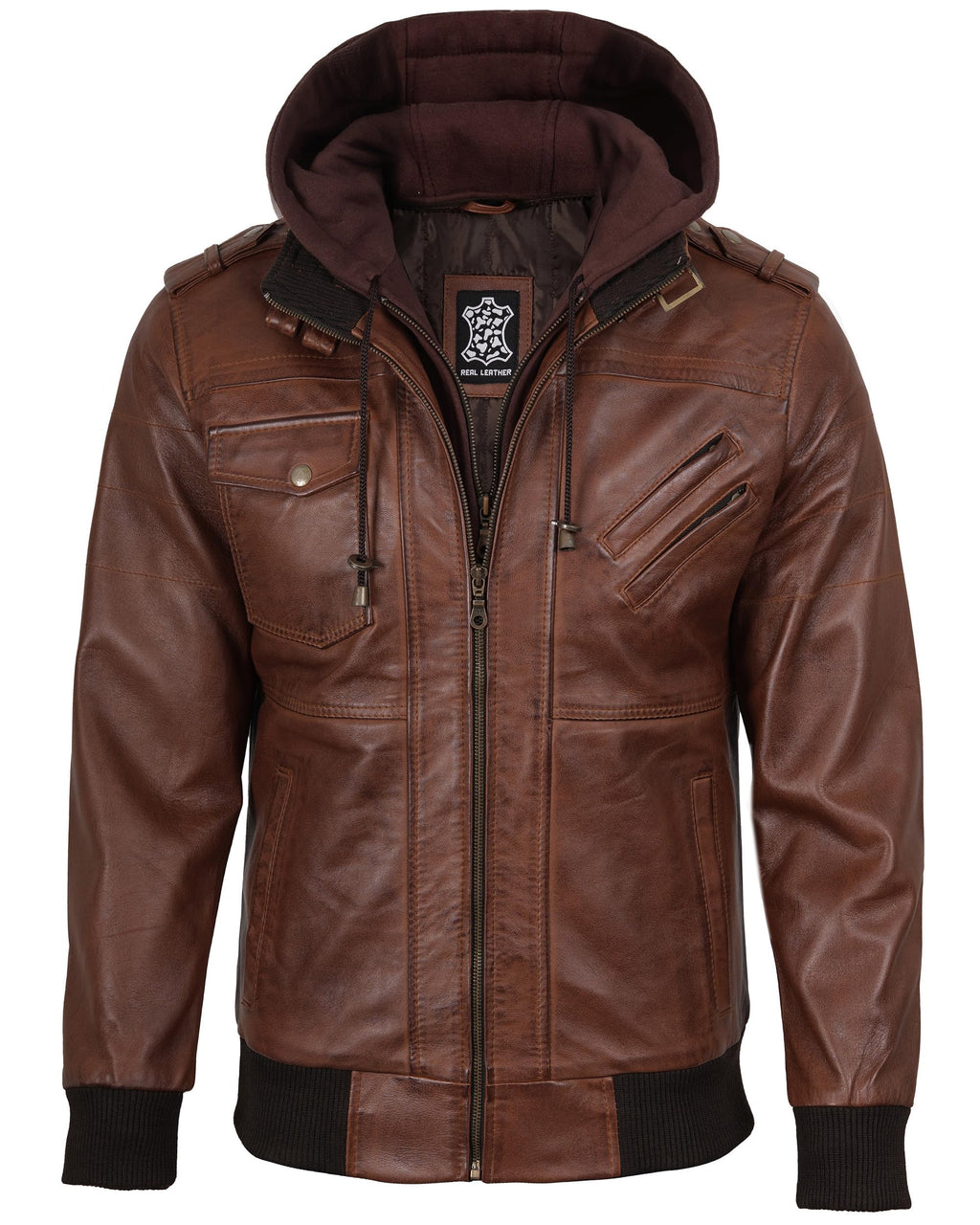 fjackets Real Leather Bomber Jacket Men - Motorcycle Stand Collar with a Removable Hood | [1100154] Edinburgh Brown. L