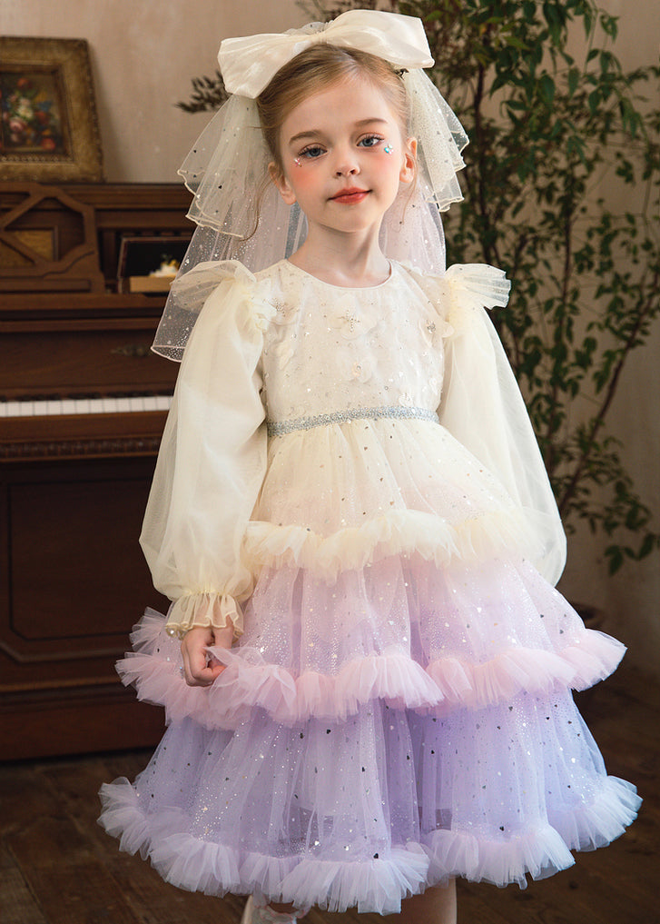 Boho Pink Sequins Tulle Girls Cake Mid Dress Fall RP046