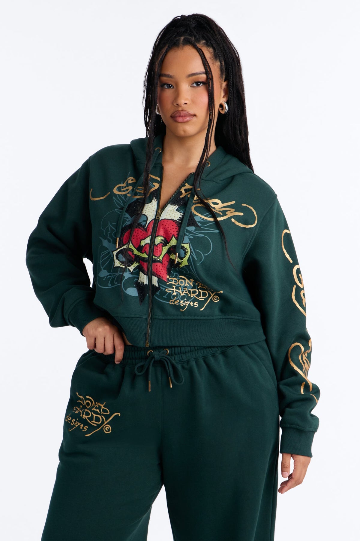 Ed Hardy Rhinestone Heart Fleece Zip Up Hoodie - Hunter Green