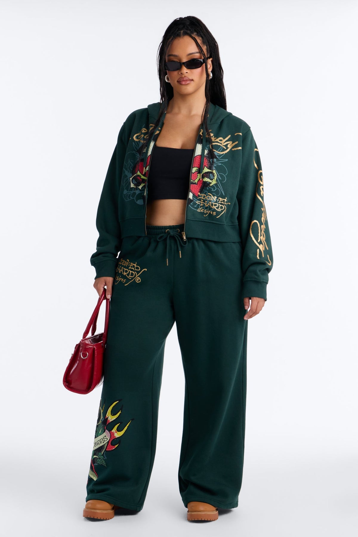 Ed Hardy Rhinestone Heart Fleece Zip Up Hoodie - Hunter Green