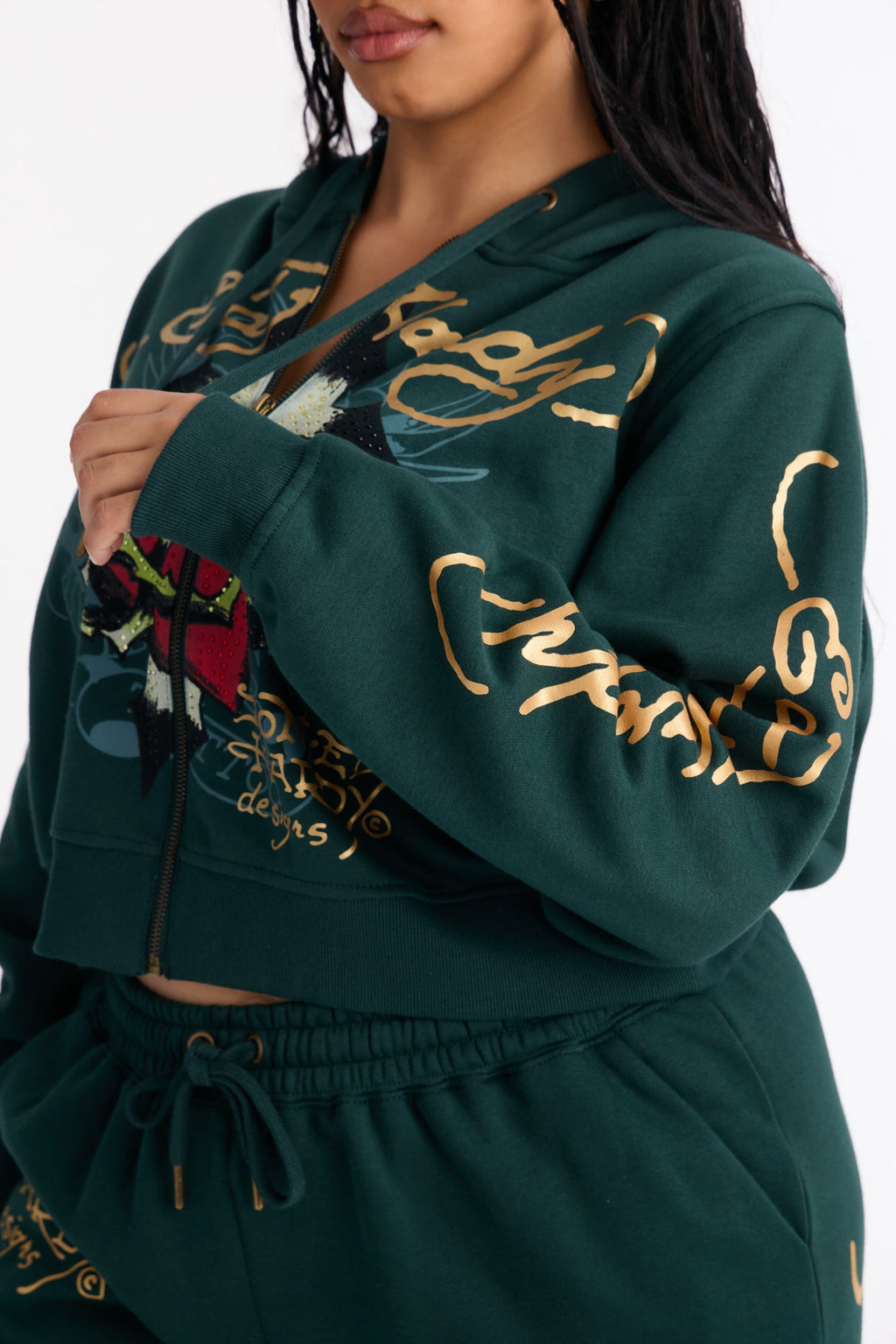 Ed Hardy Rhinestone Heart Fleece Zip Up Hoodie - Hunter Green