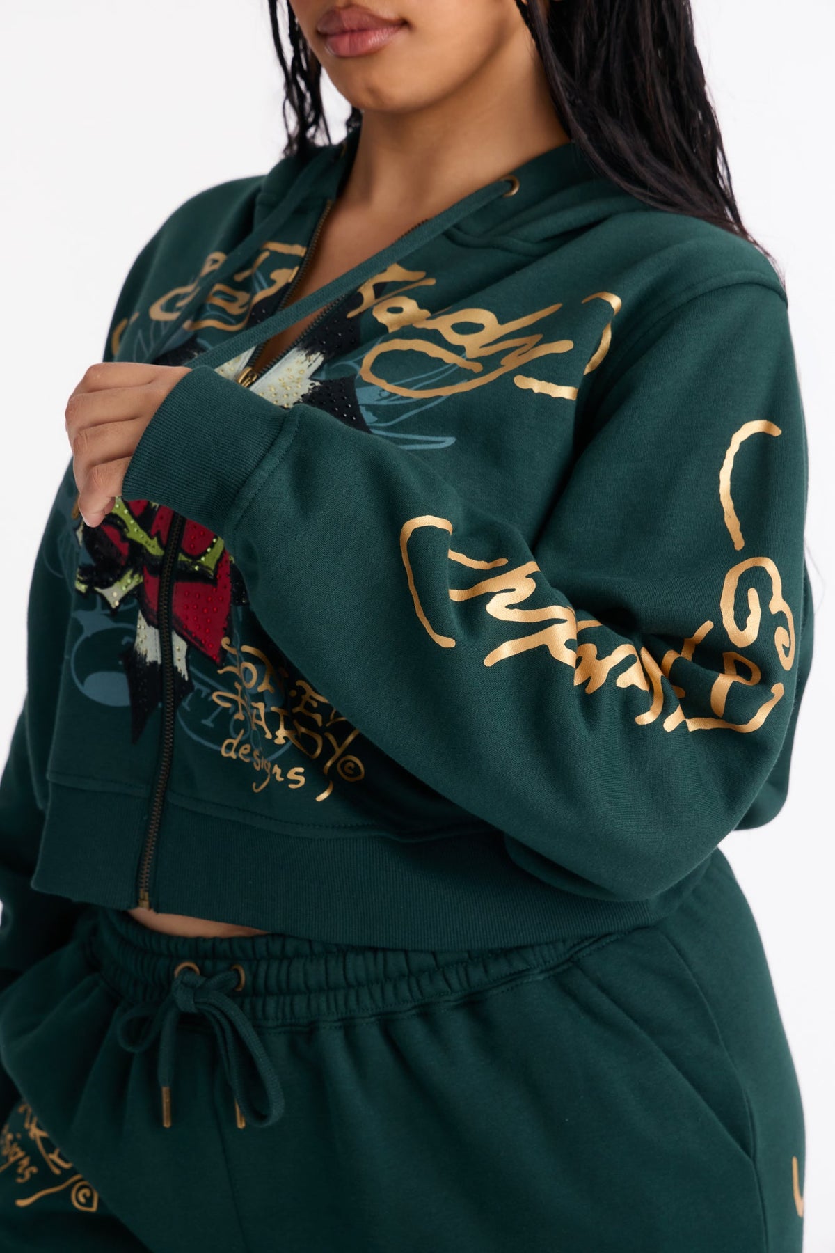 Ed Hardy Rhinestone Heart Fleece Zip Up Hoodie - Hunter Green