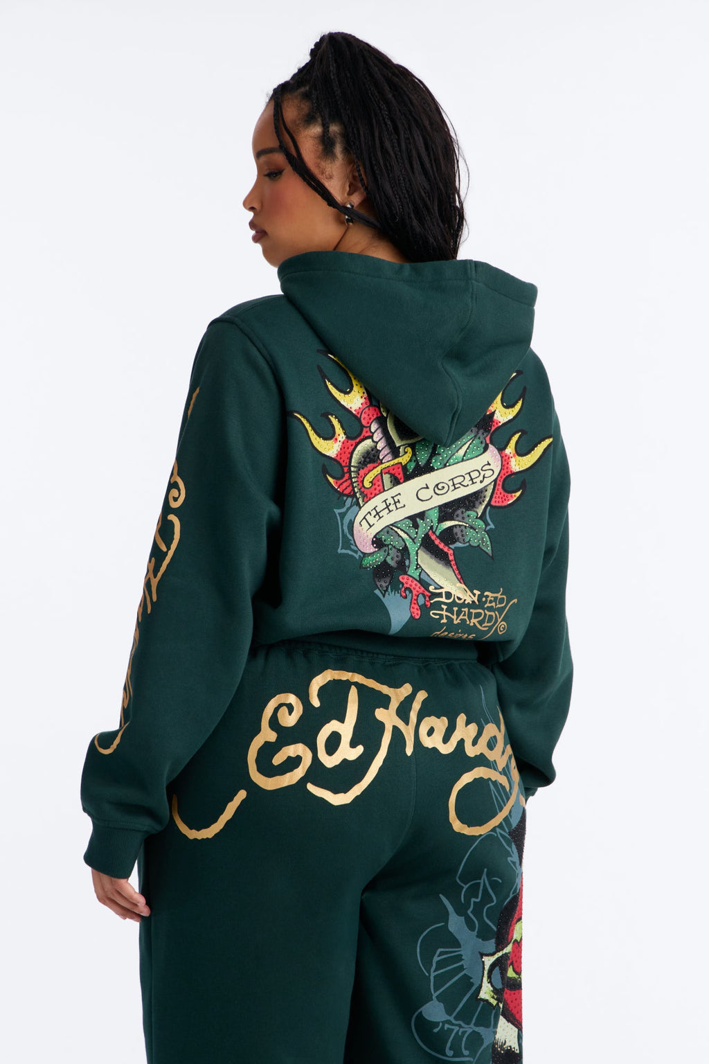 Ed Hardy Rhinestone Heart Fleece Zip Up Hoodie - Hunter Green