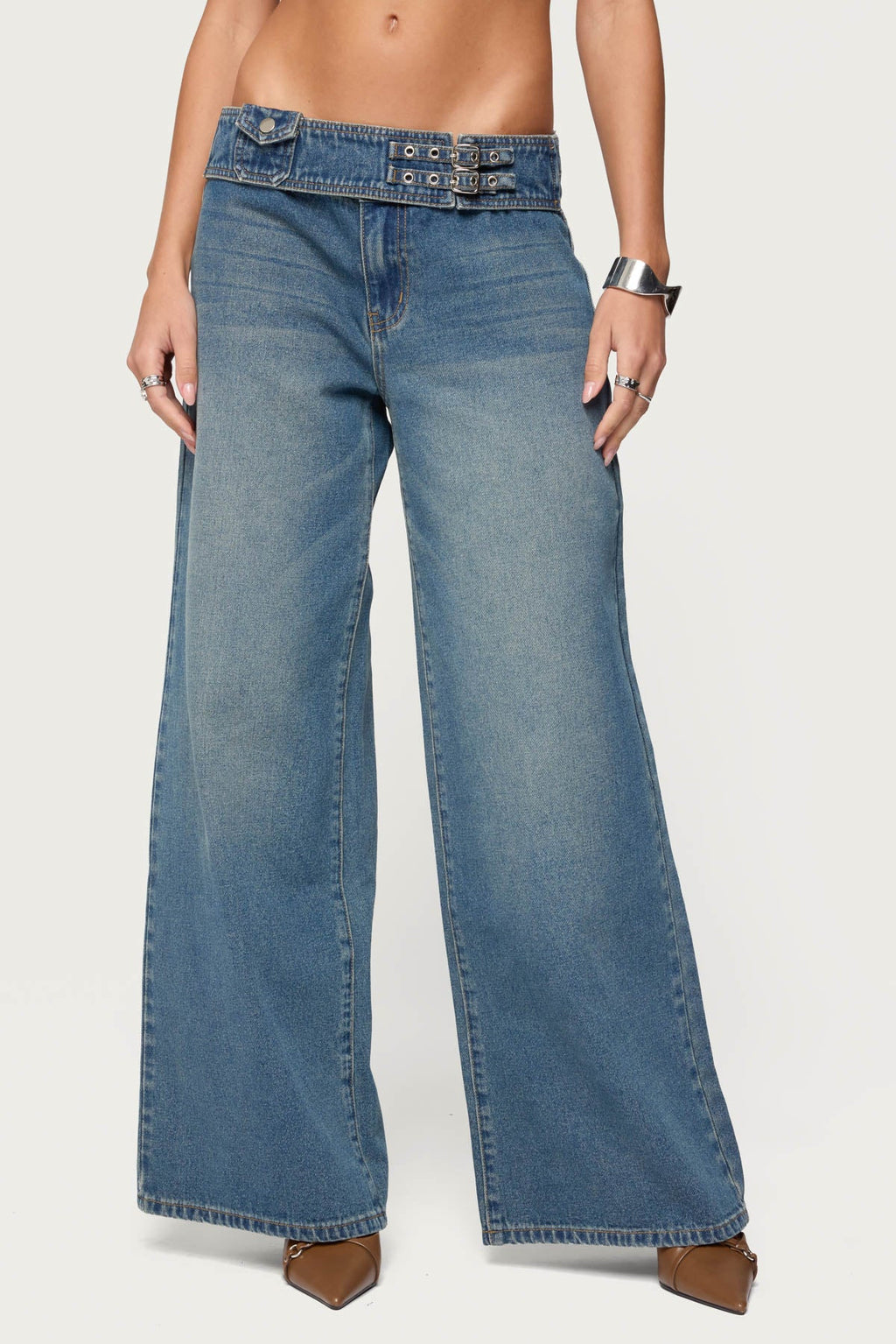 Double Buckle Low Rise Baggy Jeans