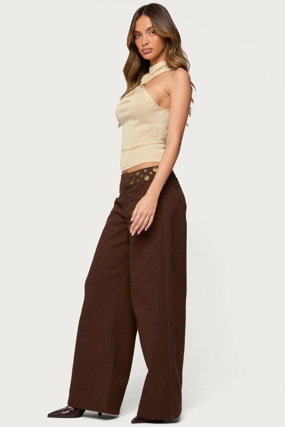 Mixed Grommet Low Rise Wide Leg Jeans