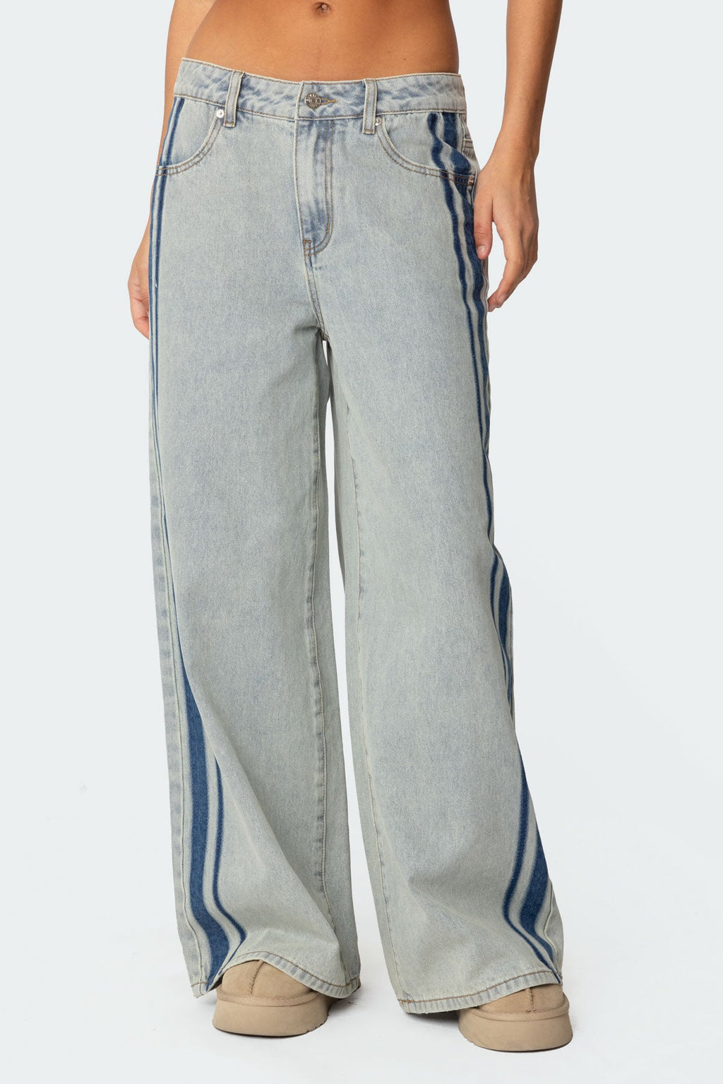 Side Stripe Washed Low Rise Baggy Jeans