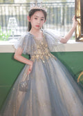 Handmade Little Grey V Neck Sequins Patchwork Tulle Girls Maxi Dress Summer QV019