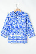 Blue Boho Printed 3/4 Sleeve Tied Neck Blouse