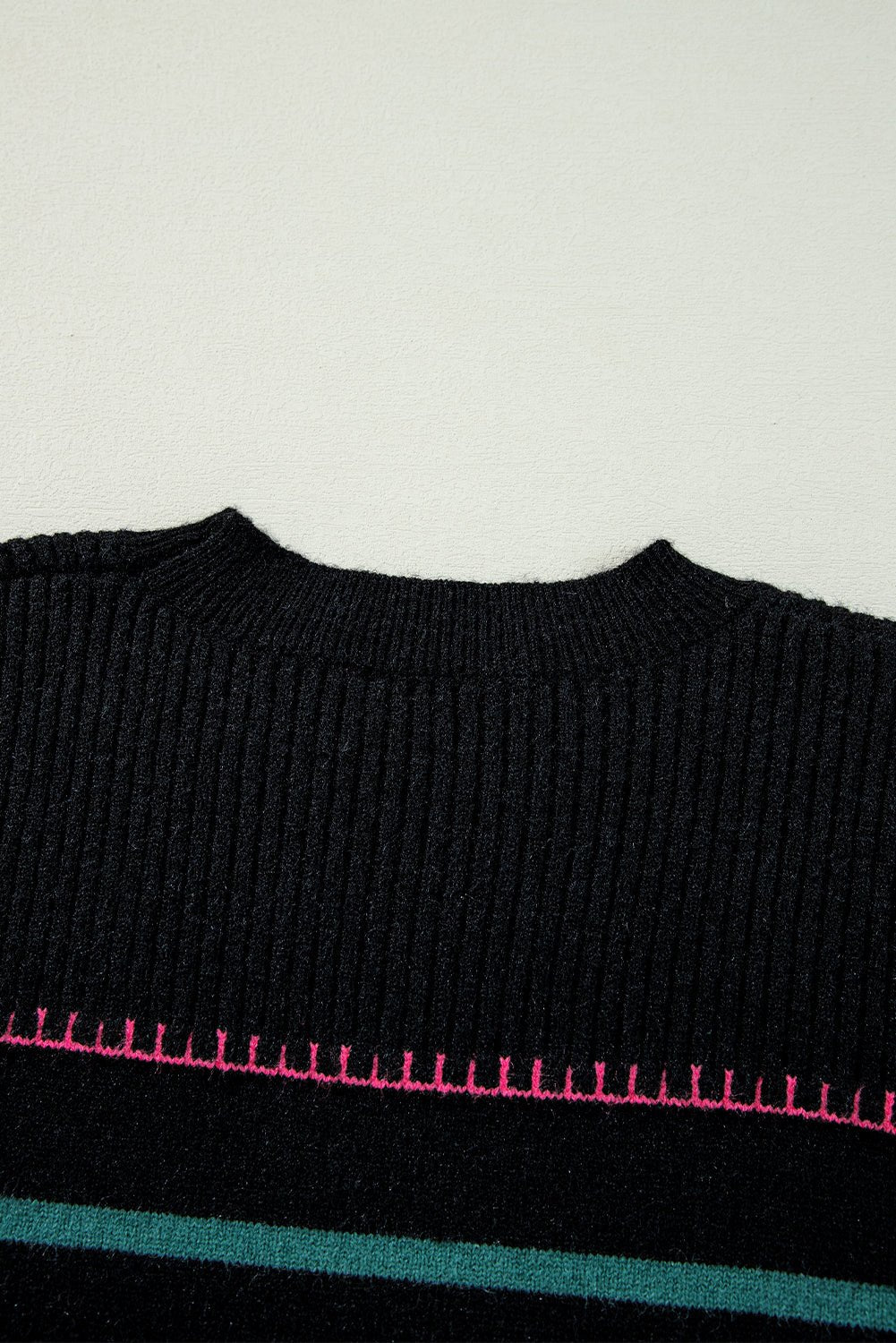 Black Colorful Striped Ribbed Trim Sweater
